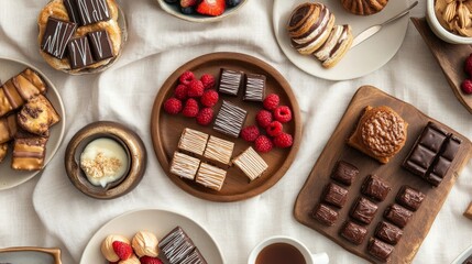 Flat lay of dessert table, assorted pastries, chocolate, berries, and tea set on linen cloth