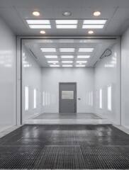 Fototapeta premium A pristine, white, industrial paint booth with a recessed, gridded floor, multiple overhead lights, and a centrally located door. Sliding doors flank the entrance