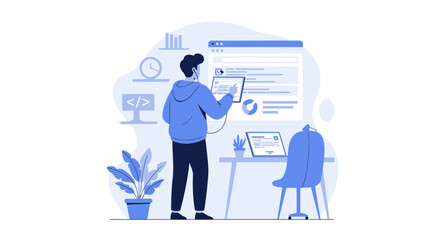 Man In Blue Hoodie Working With Code On Computer With Tablet Vector Illustration
