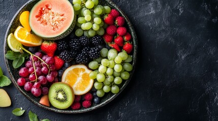 Flat lay of fruit platter, melons, berries, grapes, and citrus on ceramic tray
