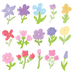 A bright and stylized floral vector illustration in a soft bright palette. Includes tulips and daisies, making it perfect for invitations, textiles and branding with a floral theme.