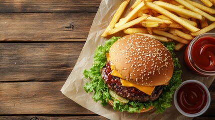 Flat lay of gourmet burger, fries, sauces, and drink on parchment paper background