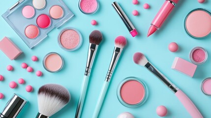 Flat lay of makeup products like lipsticks, brushes, powders on pastel background with subtle shadows and artistic spacing