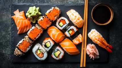Flat lay of sushi platter with chopsticks, soy sauce, and pickled ginger, on dark slate background