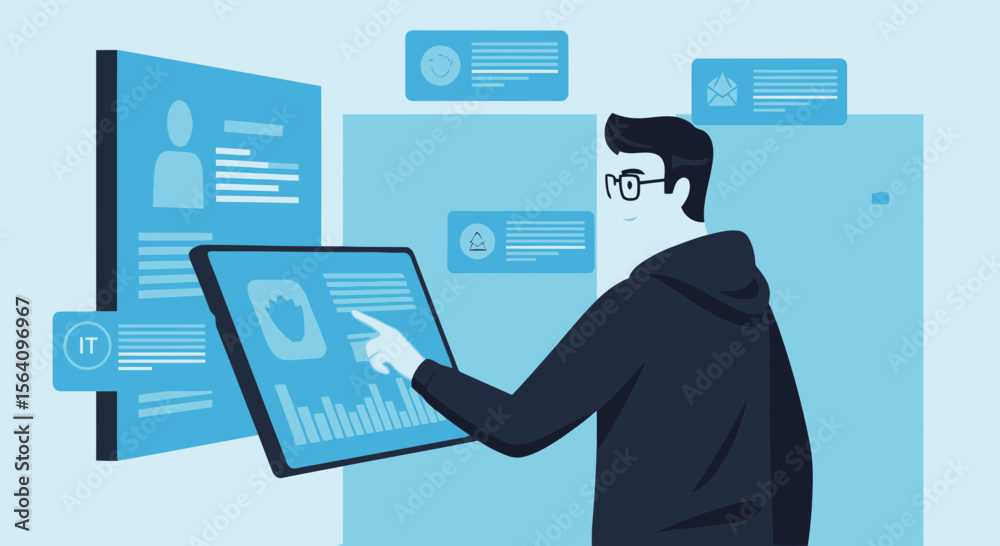 Poster man interacting with data visualizations on digital interfaces concept artwork