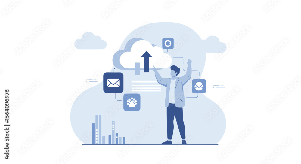 Poster man interacting with cloud services for communication and data management system