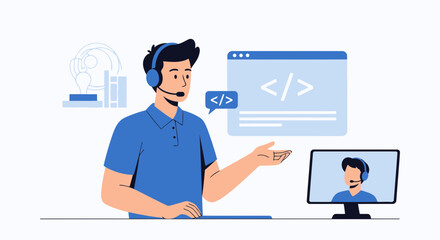 Man Provides Online Coding Support With Webinar And Headset Communication