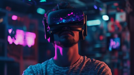 Gamer wearing VR headset in dark room, colorful game graphics projected around, intense focus, immersive atmosphere