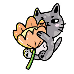Soft and playful graphic sticker of a kitten playing with a blooming flower. Great for creative printables, cute character sets or adorable floral-themed compositions.