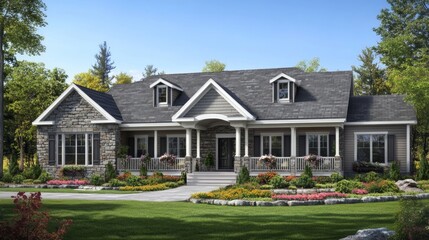 Gray and stone single-story house with wide porch, shuttered windows, and flower beds. Set against a tree-filled background.