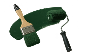 Paint brush and roller with green paint stroke isolated on transparent background