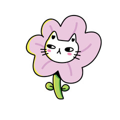 Vector image of a cute cat wearing a big daisy hat with beautiful kawaii style petals. Perfect for typography design with cute characters.