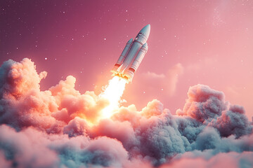 Obraz premium Launch of a white rocket on pink background, white smoke and clouds