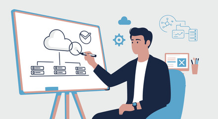 Man Presenting Cloud Network Architecture Diagram On Whiteboard In Office Workspace