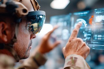 Military personnel uses advanced technology for mission planning and execution in a control center