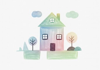 Fototapeta premium Vibrant Pastel Home Childlike Art. This charming illustration depicts a whimsical house with trees and clouds, rendered in soft crayon hues, symbolizing comfort and happy beginnings.