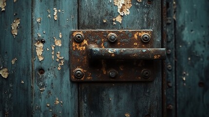 Weathered Door: Rustic Handle, Peeling Paint, and Patina of Time