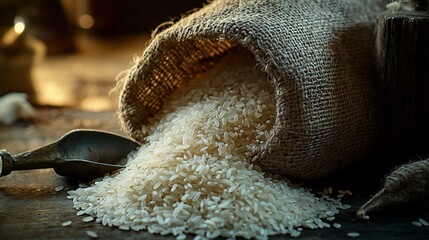 Rustic Rice Spill: Close-up of Rice Pouring from Burlap Sack, Warm Lighting.
