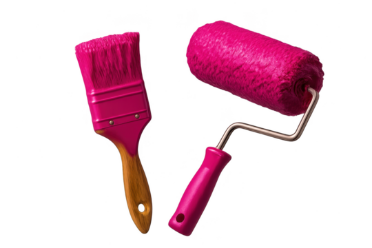 Vibrant pink paint brush and roller isolated on transparent background