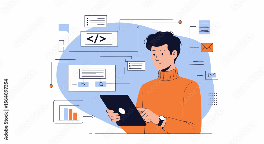 Poster modern digital application programmer creates innovative software with tablet