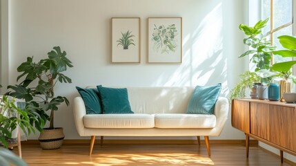 Light sofa, teal pillows, wood sideboard, modern art, and green plants, sunlit room.