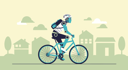 Mechanical Cyclist Riding Bicycle Through Suburb Area Depicting Future Lifestyle