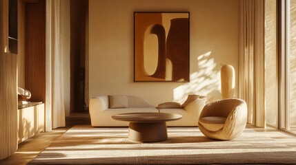 living room with partal, round table, abstract art, and decorative floor vase. Warm, natural lighting.