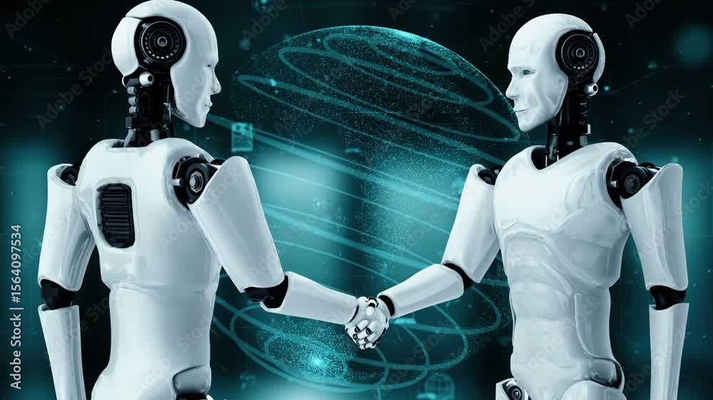 Poster internet connection controlled by ai robot huminoid and machine learning process to analyze data con