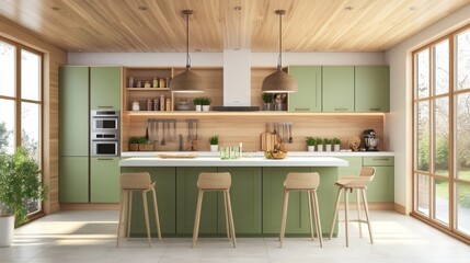Modern kitchen with green cabinets, white counters, wooden ceiling, and pendant lights. A cozy island setup and warm tones.