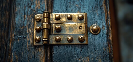 Antique Brass Hinges on Weathered Dark Wood Door