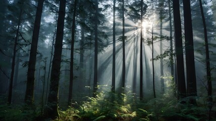 Obraz premium Foggy forest with visible light beams through tall trees — cool tones and a mystical mood 2