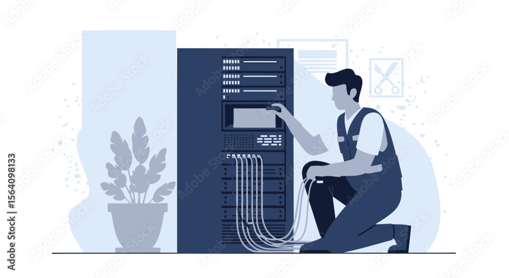 Poster network engineer maintaining server rack in data center for optimal performance