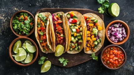 Overhead of veggie tacos, colorful toppings, lime wedges, and salsa in small bowls