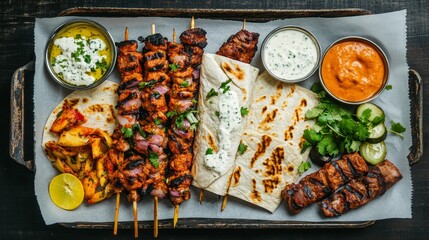 Overhead of street food selection, wraps, skewers, sauces, and fresh herbs on paper-lined tray