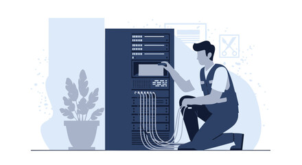 Network Engineer Maintaining Server Rack In Data Center For Optimal Performance