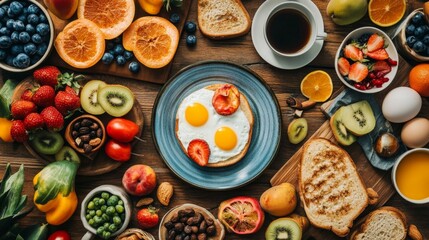 Overhead shot of colorful breakfast spread, eggs, toast, fruits, and coffee on wooden table