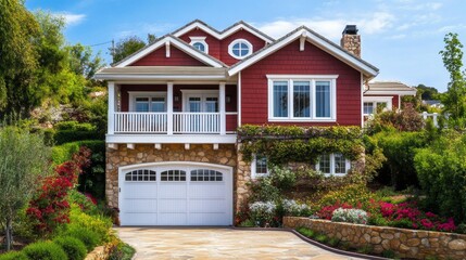 Red and stone two-story home with white window trims and balcony. A spacious garage and abundant greenery add elegance.