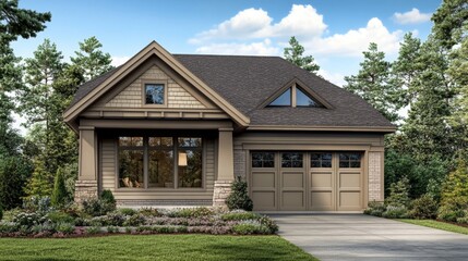 Single-story beige home with brown roof, large front windows, and a two-car garage. Framed bytrees and greenery.