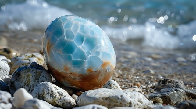 Smooth polished larimar stone on beach pebbles with ocean waves in background, natural sunlight creating sparkles on water surface and mineral patterns.