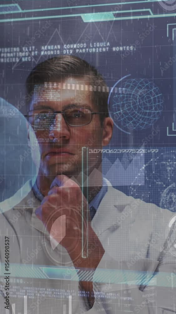 Poster animation of graphical interface with moving coding and charts over thoughtful caucasian doctor