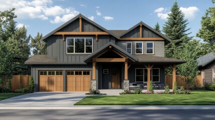 Symmetrical gray two-story house with a porch, wooden details, and dual garages. The neat lawn and tree.