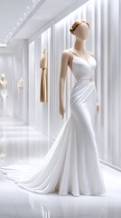 Fototapeta premium Mannequin displays a white wedding dress with elegant draping in a bright, minimalist retail setting.