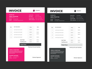 Fototapeta premium Stylish Business Invoice Template with Pink and Black Color Variations – A4, EPS Format