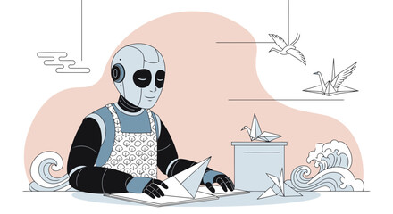 Robot Creates Origami Crane in Workshop Illustrative Minimalist Style Design