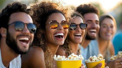 Obraz premium Diverse group of young friends enjoying outdoor movie night with popcorn, sharing genuine laughter and joy while wearing sunglasses on summer evening.