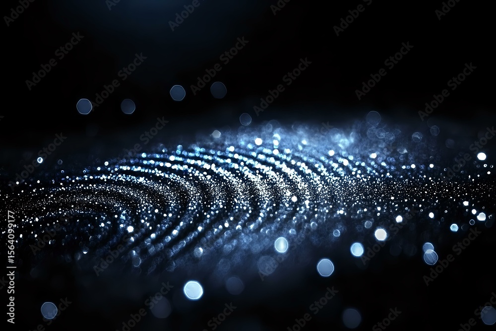 Poster glowing blue particles forming wave pattern on dark background with bokeh light effect and shimmerin