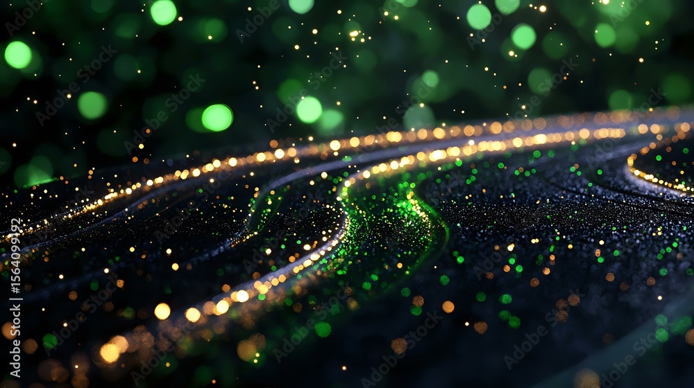 Aufkleber abstract glowing green and gold particles with curved light trails against dark background, creating