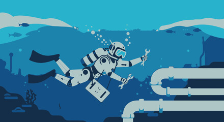 Fototapeta premium Robot Technician Repairing Underwater Pipeline Structure With Modern Technology