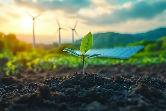 Young green seedling growing from fertile soil with wind turbines and solar panels in background during sunset, representing sustainable development and renewable energy.