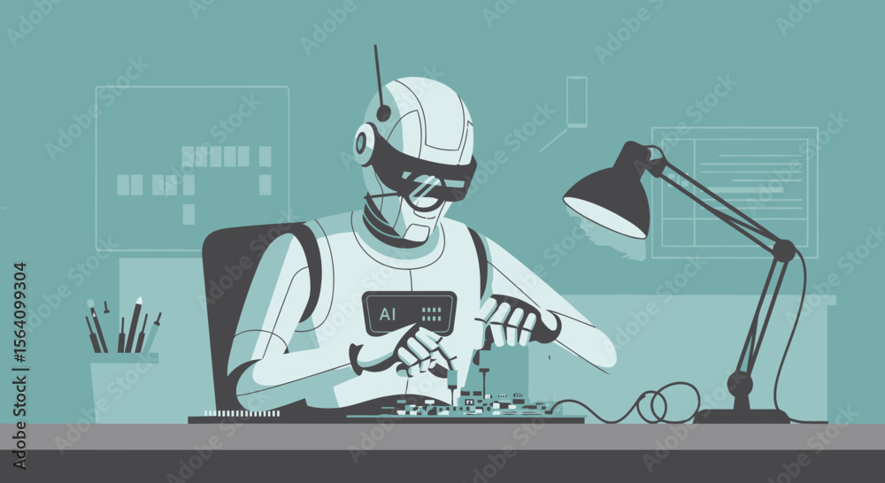 Poster robotic engineer assembling circuitry with artificial intelligence in futuristic lab